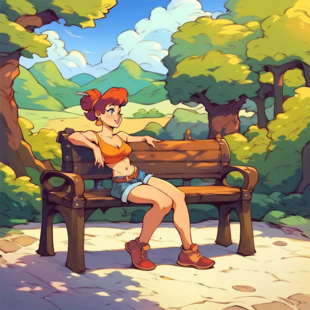 Fred and Wilma Flintstone sitting on a stone bench in the park