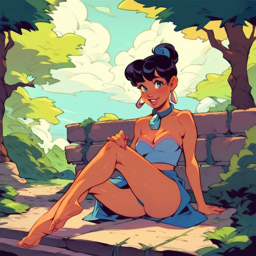 Fred and Wilma Flintstone sitting on a stone bench in the park