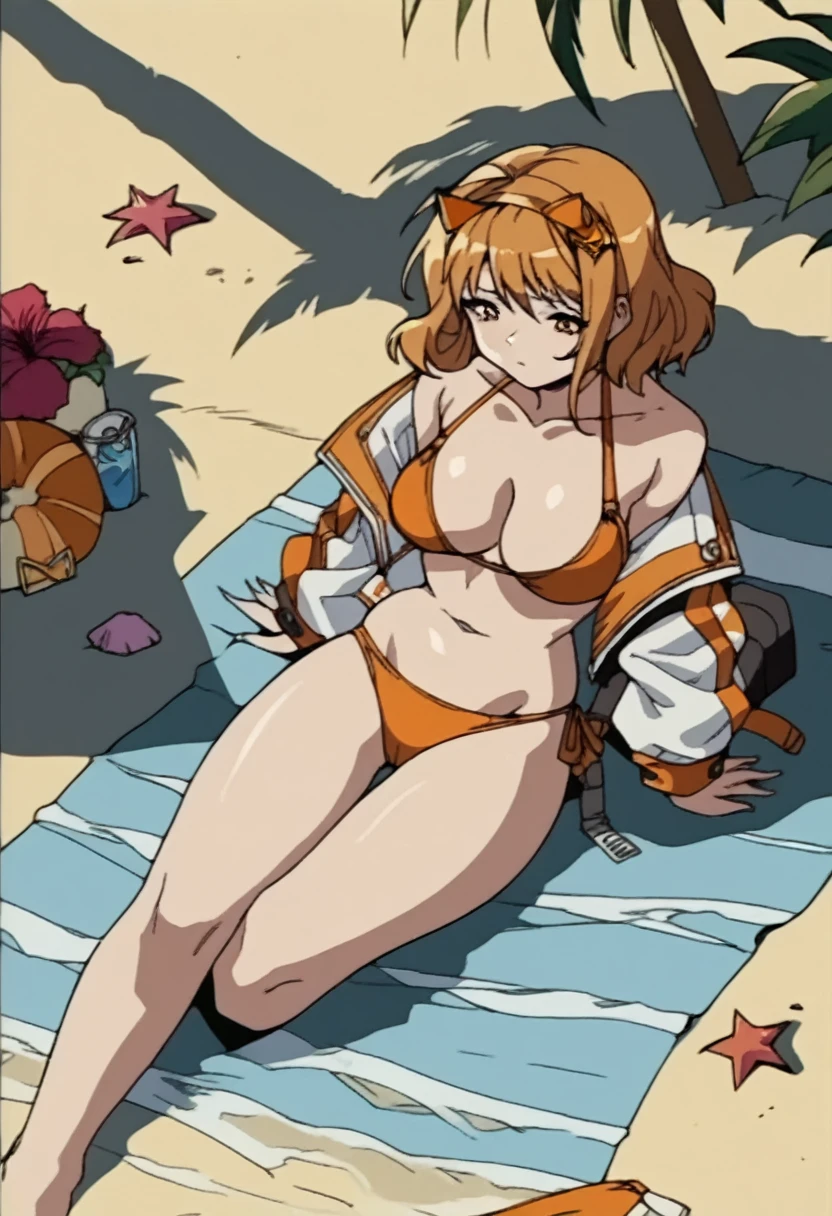rating_explicit, Anis from Nikke, orange bikini, sit, beach