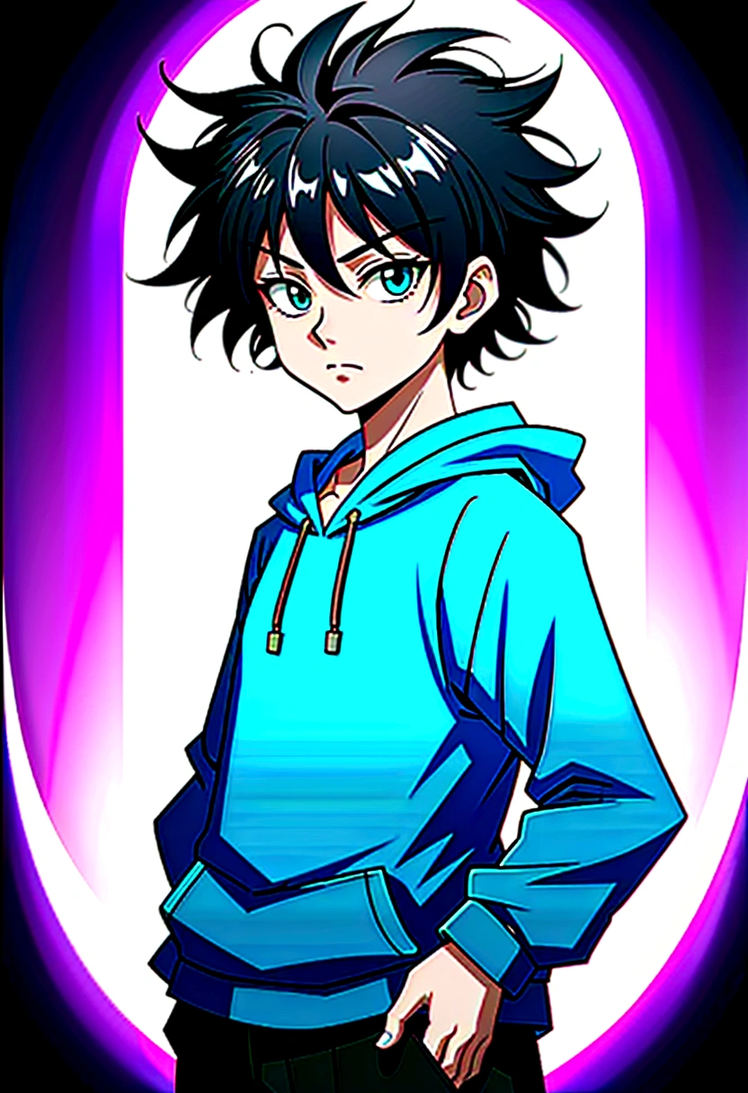 14 year old boy with black short wavy hair and green eyes wearing a grey hoodie in hunter x hunter manga style