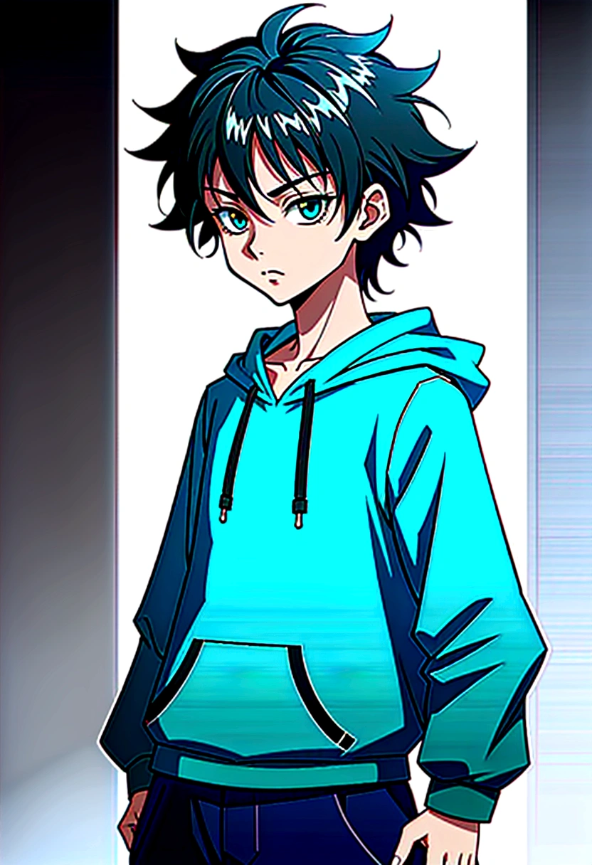 14 year old boy with black short wavy hair and green eyes wearing a grey hoodie in hunter x hunter manga style
