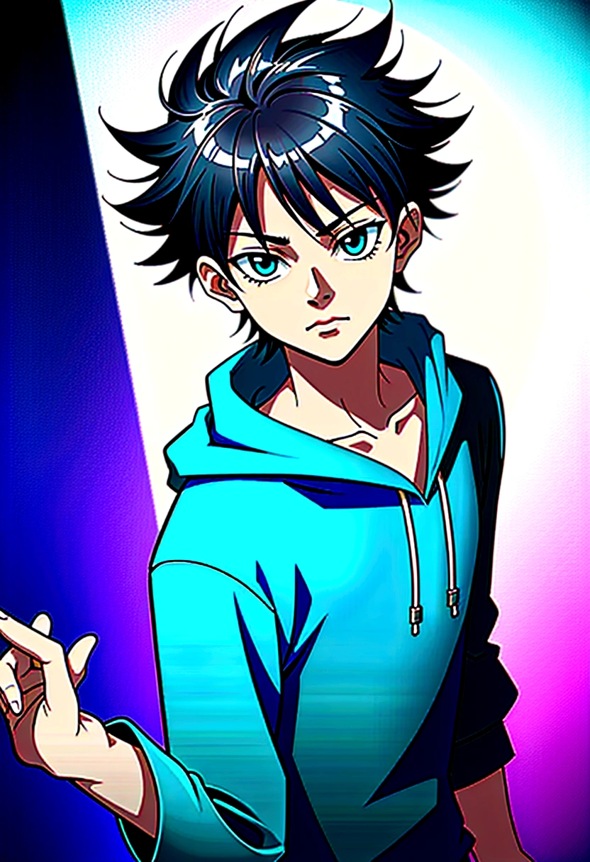 14 year old boy with black short wavy hair and green eyes wearing a grey hoodie in hunter x hunter manga style