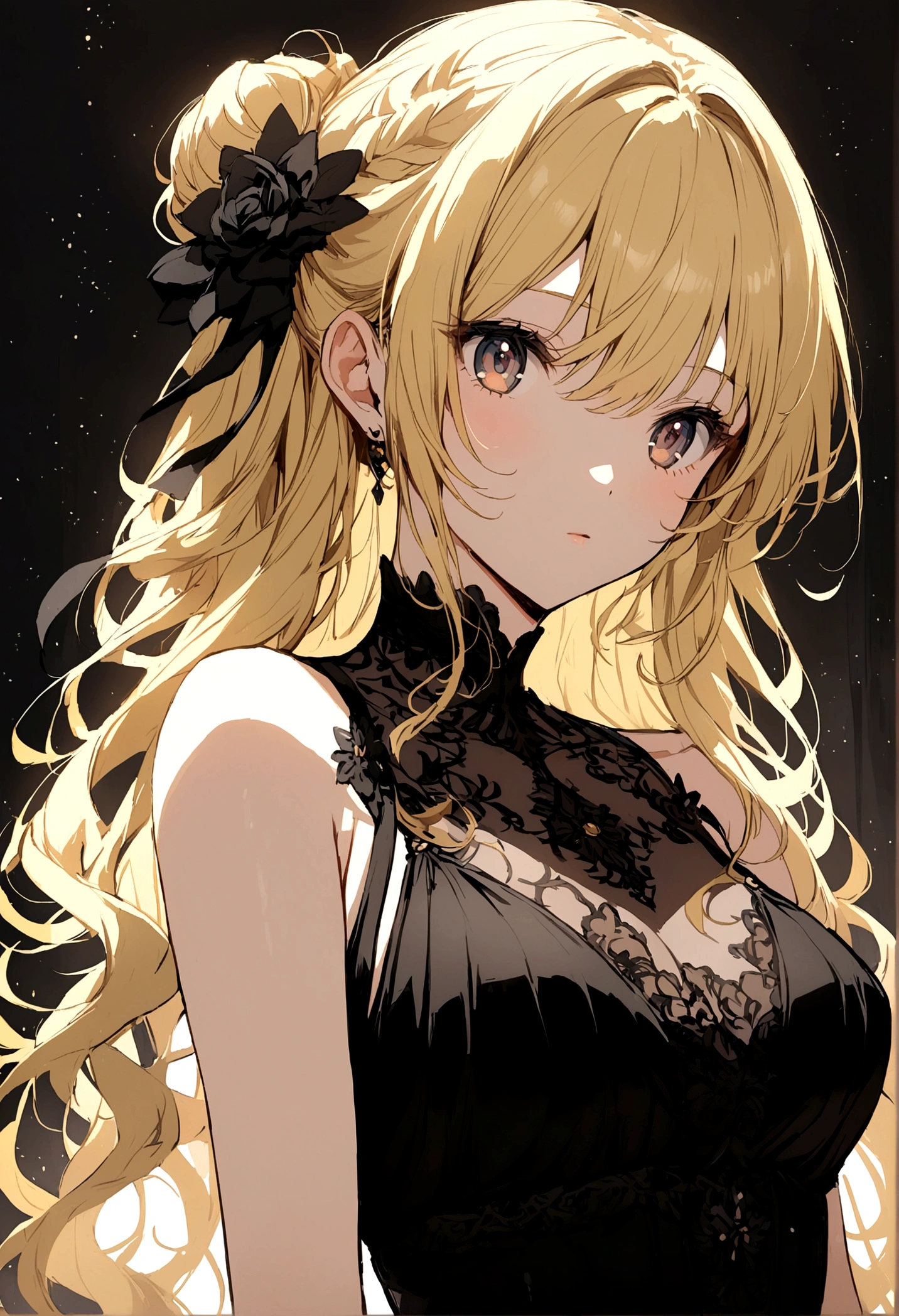 Anime girl with blonde hair..black and tender eyes
