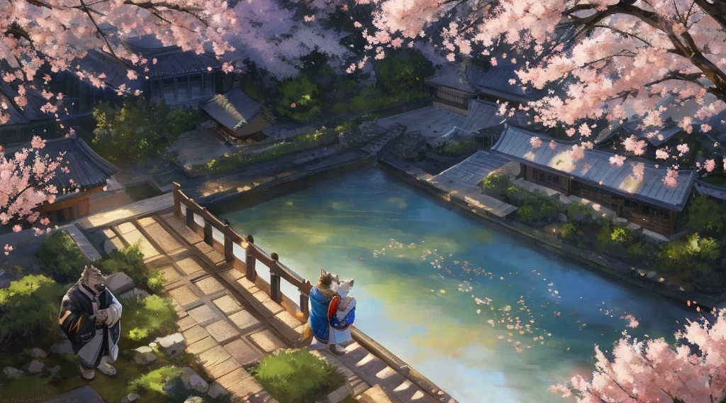 masterpiece,best quality, from high angle,kemono, anthro (wolf), male, (wolf), beard,middle-aged, gray body,white belly,muscular,japanese traditional clothes, white (fundoshi),((open) black formal kimono),,japanese building,look up to the sky,majestic,brutal,confident,strong,cherry blossoms, sakura blossoms leaves, outdoors, dynamic angle,depth of field,delicate canine tooth,correct anatomy, correct hand,,hd, dim ,dark,dark shadows, light against dark,cinematic, dramatic light,wide dynamic range, hdr, low light:1.2, by Pino Daeni, (by ruaidri), by virtyalfobo