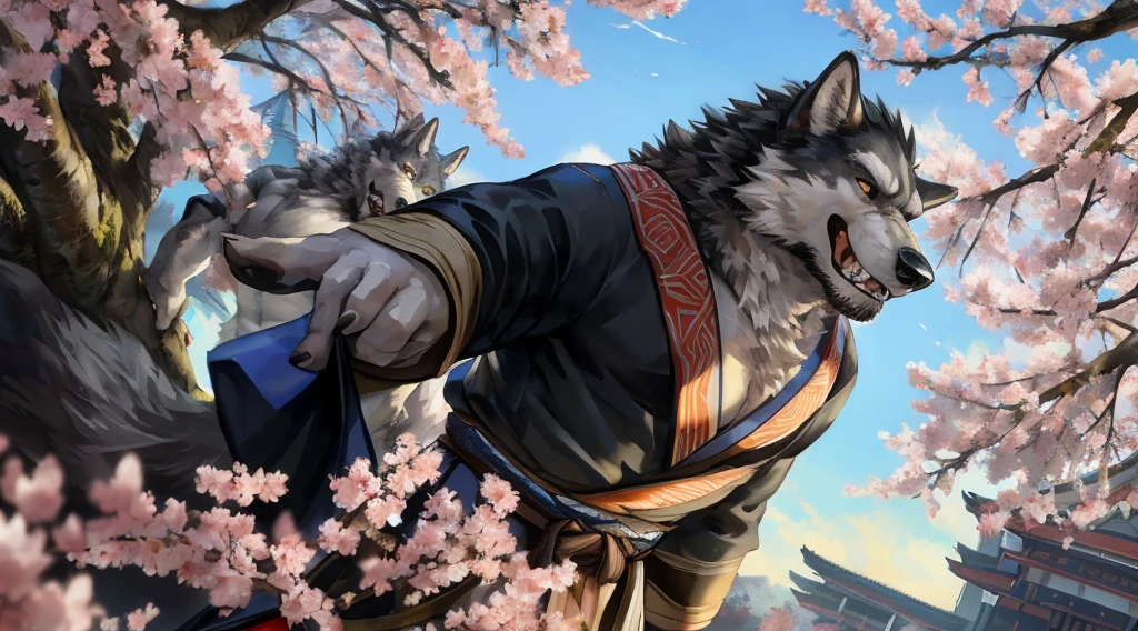 masterpiece,best quality, from high angle,kemono, anthro (wolf), male, (wolf), beard,middle-aged, gray body,white belly,muscular,japanese traditional clothes, white (fundoshi),((open) black formal kimono),,japanese building,look up to the sky,majestic,brutal,confident,strong,cherry blossoms, sakura blossoms leaves, outdoors, dynamic angle,depth of field,delicate canine tooth,correct anatomy, correct hand,,hd, dim ,dark,dark shadows, light against dark,cinematic, dramatic light,wide dynamic range, hdr, low light:1.2, by Pino Daeni, (by ruaidri), by virtyalfobo