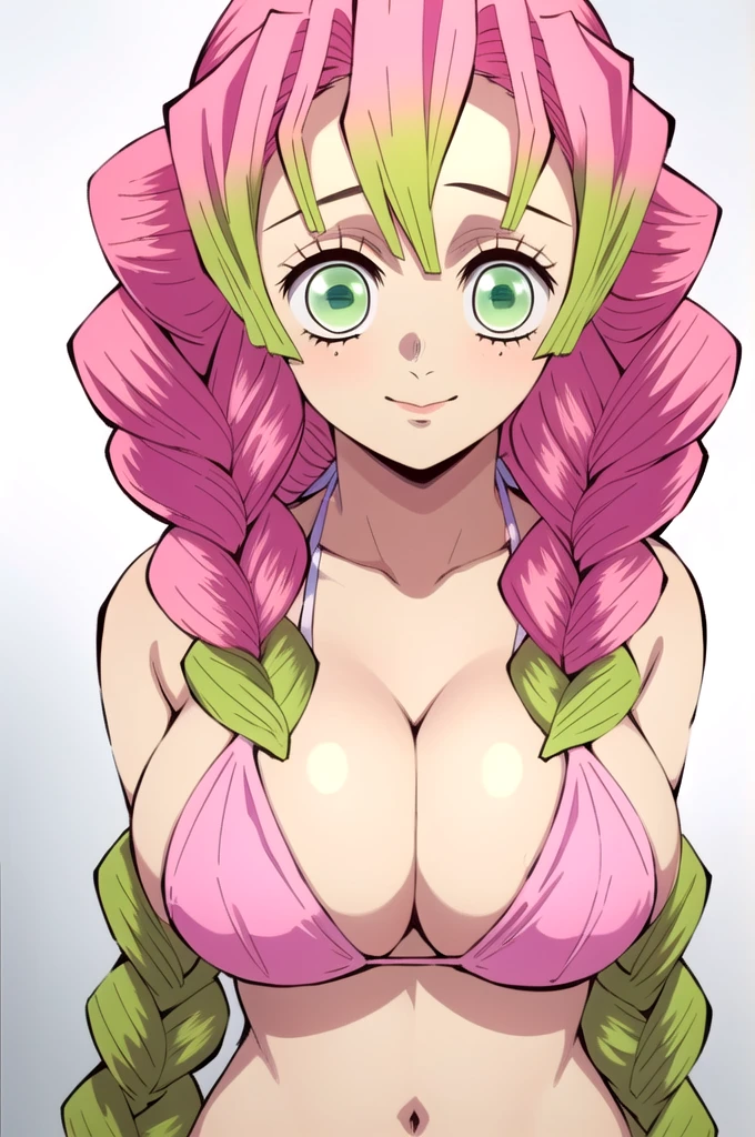(masterpiece, best quality), intricate details,
MitsuriKanroji, kanroji mitsuri, 1girl, solo, upper body, long hair, winking, green eyes, pink hair, braid, green hair, twin braids, parody, portrait, large breast, huge breasts, bikini top, headshot, collarbone, neck, bare shoulders, pink bikini top, cleavage, in frame, peeker, top angle, shot from above, head shot, perfect shot, plain background, white background, photoshoot, complete head in frame, top of head