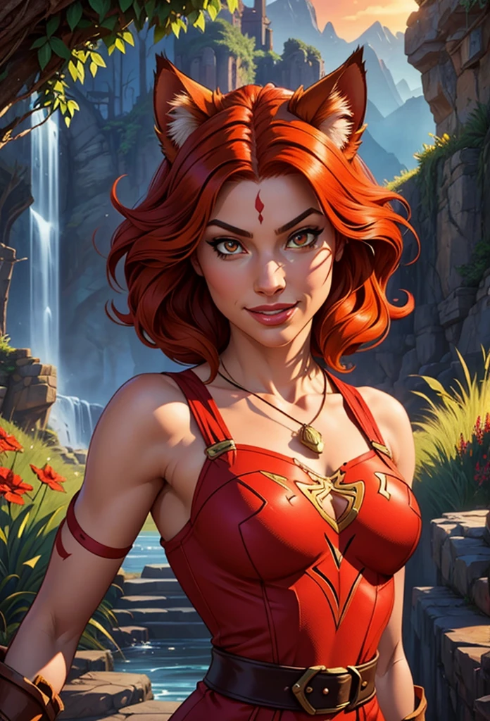 Create an realistic illustrated, hand-drawn, full-color image of an anthropomorphic red cat. The artwork should be rendered in the style of "Breath of the Wild," featuring warm lighting and shadows. Include graphite shading, stencil marks, and airbrushed acrylic paint effects. dress. The image should be of the highest quality, a masterpiece with intricate details. The red cat women should have a female, humanoid, appearance. She should have luscious lips, a wide smile, and bright, expressive eyes, exuding beauty, cuteness, and adorableness. Ensure the image is high resolution and sharply detailed, with a detailed and vibrant background. Incorporate mystical lighting in the background, creating a romantic and enchanting atmosphere.