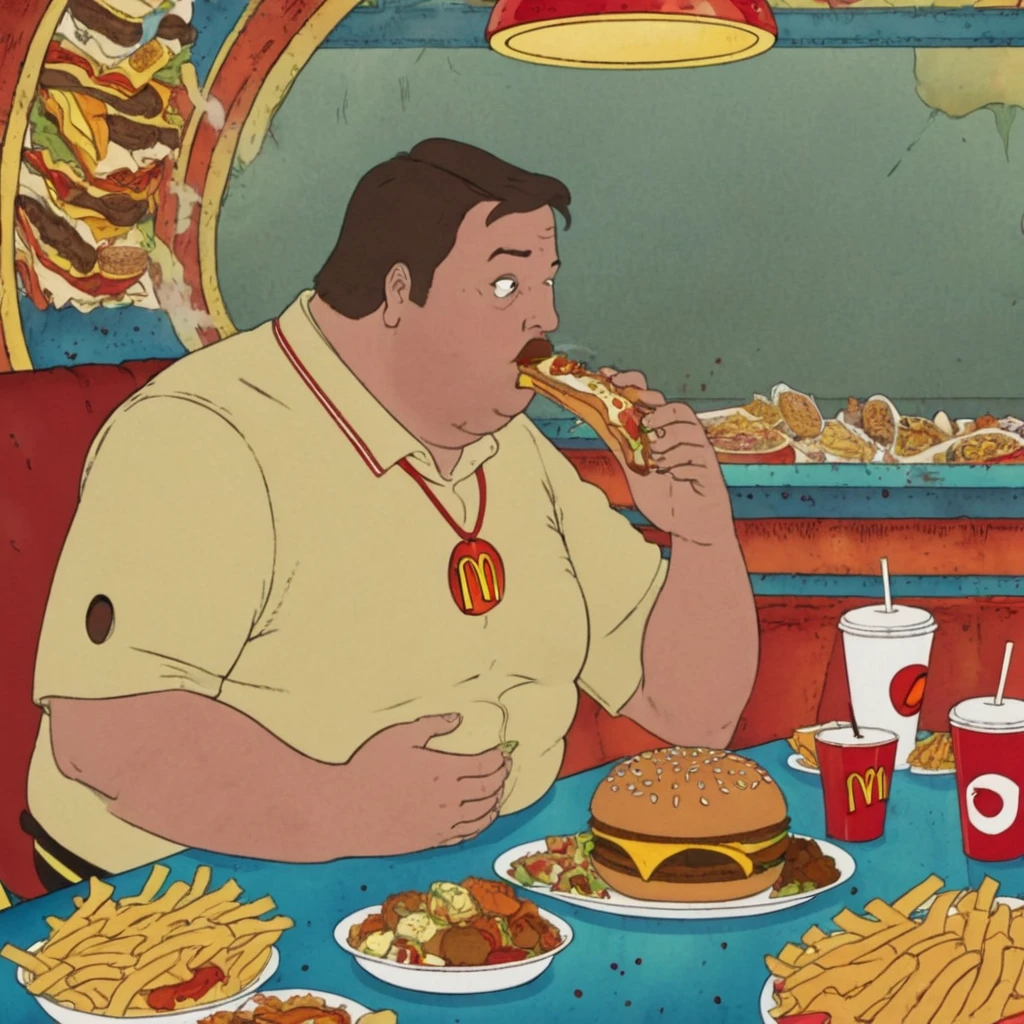 fat guy, The steam guy sits at the table, guy eating fast food, Lots of food, the guy is stained with food