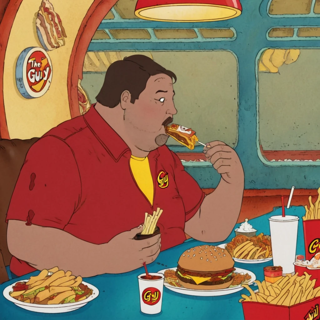fat guy, The steam guy sits at the table, guy eating fast food, Lots of food, the guy is stained with food