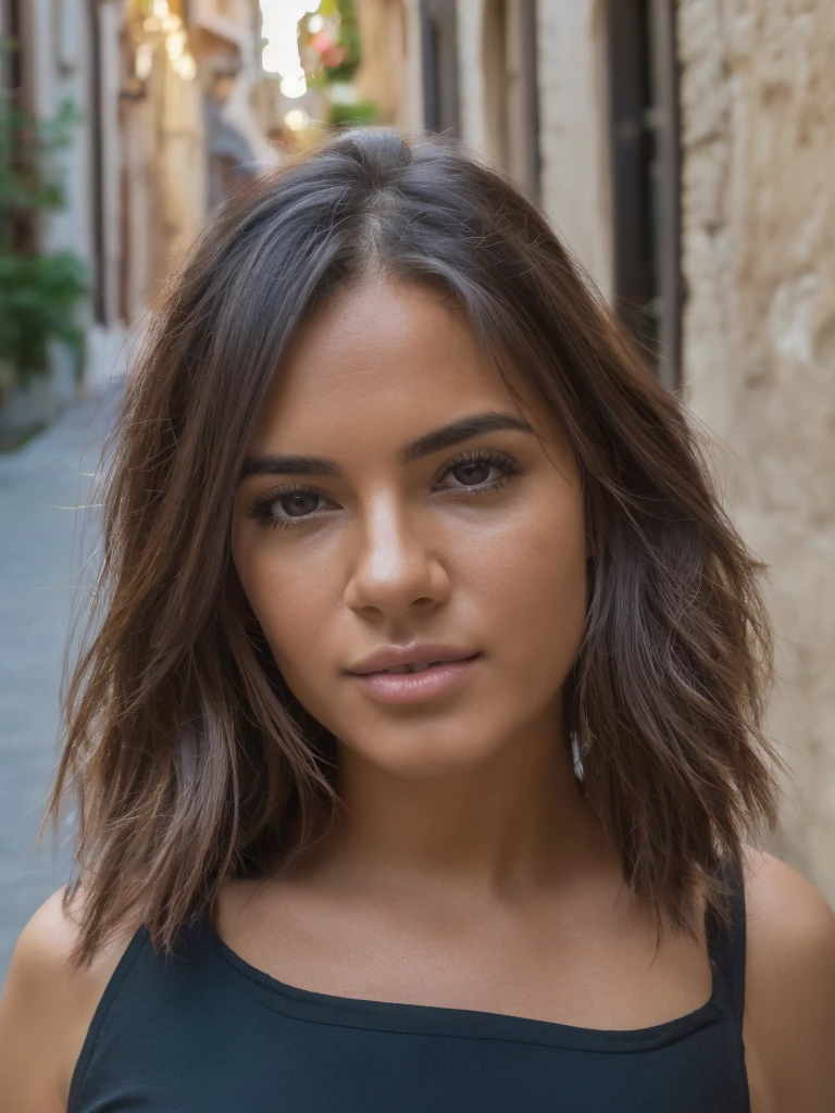 young woman with light brown wavy hair,black short sundress,walking through alley in croatia,back facing camera,intricate details,highly realistic,(best quality,4k,8k,highres,masterpiece:1.2),ultra-detailed,(realistic,photorealistic,photo-realistic:1.37),HDR,UHD,studio lighting,ultra-fine painting,sharp focus,physically-based rendering,extreme detail description,professional,vivid colors,bokeh,intricate background,warm lighting,cinematic composition