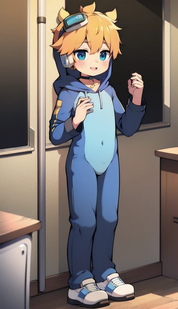 Two-dimensional boy,One-piece mountaineering suit,trumpet,Cow ears,Put the headphones on your head,stand up,goggles,sports shoes,Slim,Happy,Sailor collar,classroom,hood