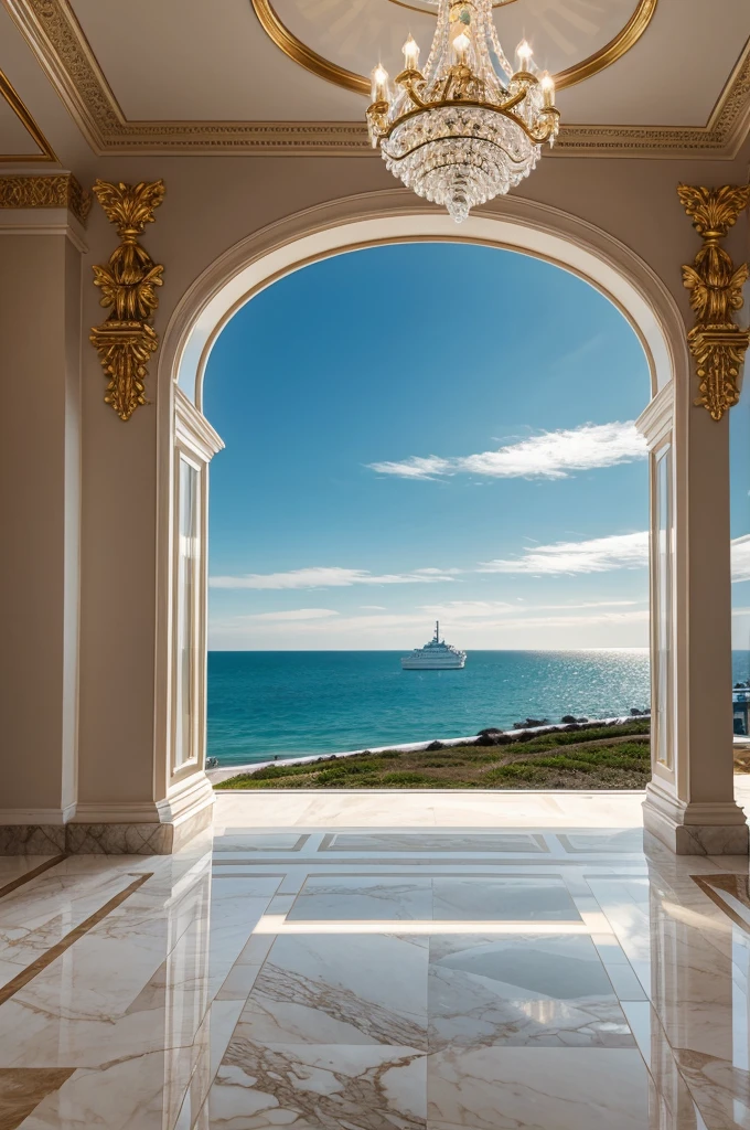 A stunning oceanfront mansion, every detail exudes luxury and elegance: gleaming marble floors, crystal chandeliers, and panoramic views of the sea and passing ships. This meticulously crafted image, whether a digital rendering or photograph, showcases the opulence of the interior as well as the beauty of the surrounding landscape. The designer touches and meticulous attention to detail elevate this depiction to the pinnacle of sophistication and grandeur.