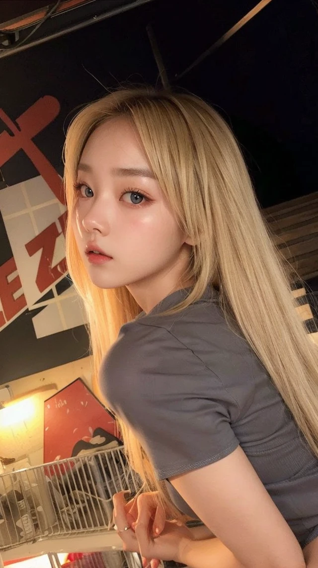 Korean girl with slightly elongated eyes, blond hair, clean skin, surprising and shocking image, very detailed and impeccable, good 4K quality