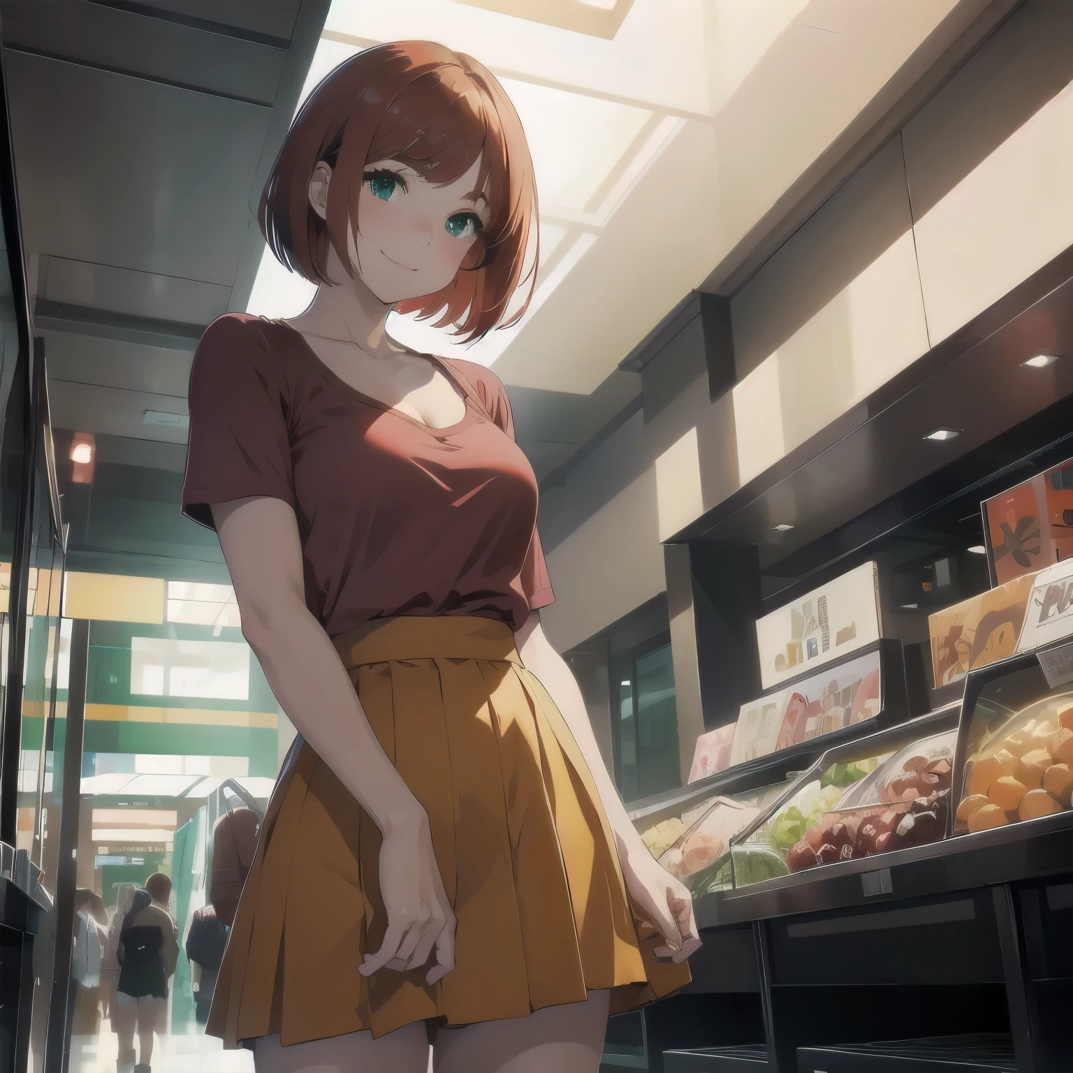 (masterpiece), best quality, expressive eyes, perfect face, 1girl, solo, bob cut, redhead, red hair BREAK short hair, green eyes BREAK blush, looking at viewer, freckles, breasts, cleavage, smile, closed mouth, red shirt BREAK orange skirt, mall, interior, market, standing, interior