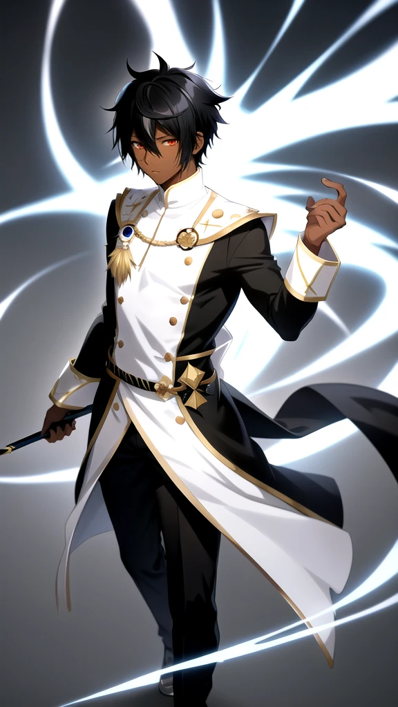 Anime style,Full body,male,dark skin,short black hair with many white highlights,wizard,Minimalist background