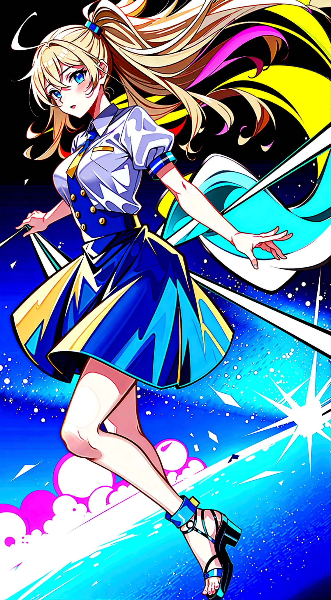 Movement, high resolution Beautiful blue eyes, full body expression, one girl, alone, blue sky background, bright, blue sky, clouds, sunny, youth, youth, blue and white main color, solo focus, love, accessories, beautiful hairstyle, beautiful eyes, gloss High Resolution, Zoom Out, Quality (8K, Highly Detailed, CG Unit Wallpaper, Masterpiece, High Resolution, Best Quality, Best Quality, Surreal, Increase Resolution, Highest Quality, Highly Detailed, Wallpaper, Movie lighting, ray tracing, golden ratio\),