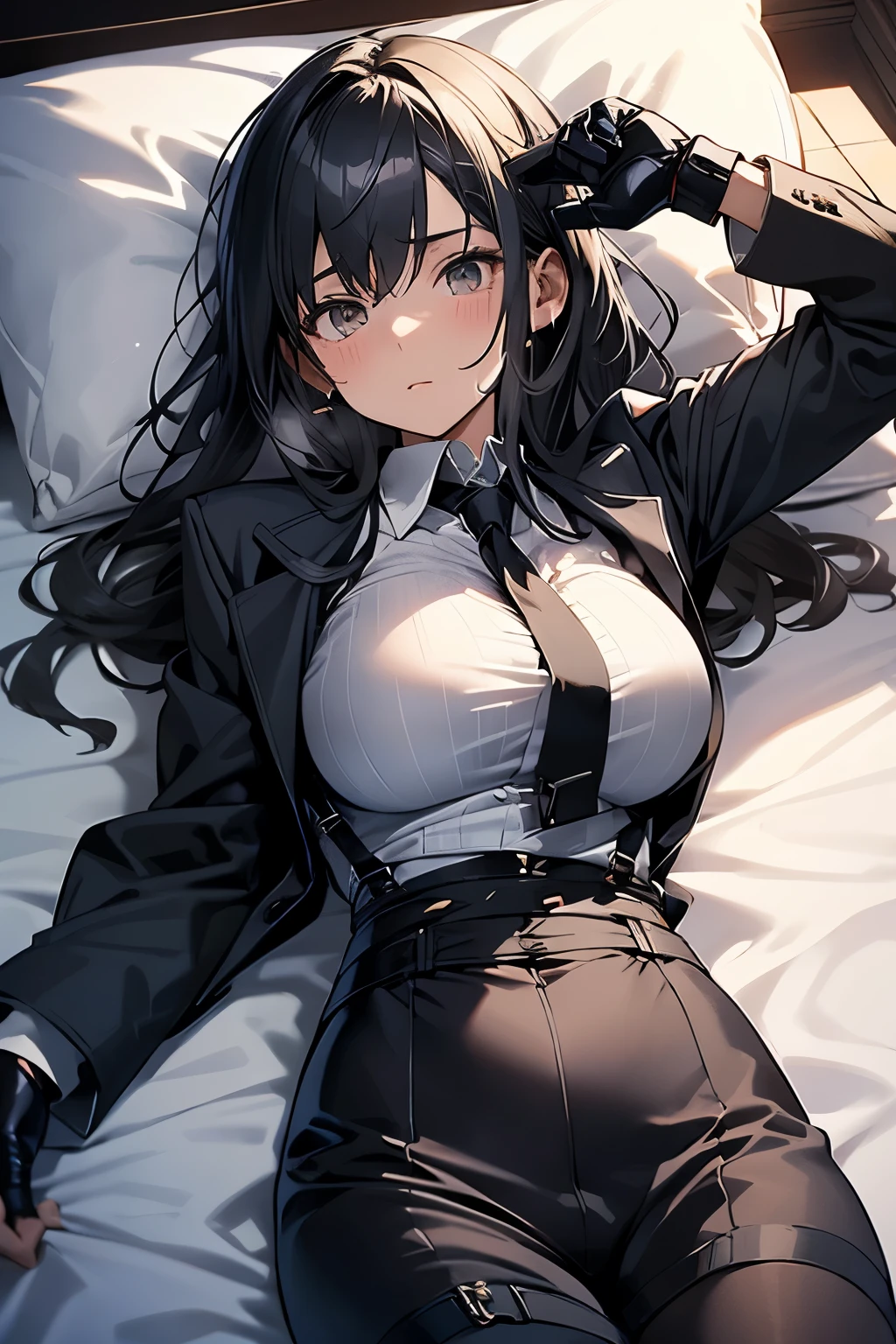 Black suspenders bulging big breasts Small face holster Beautiful woman Lying in bed Looking up Sweat belt summer 脇Sweat Black Hole Gloves suit Dress shirt Black jacket mask
