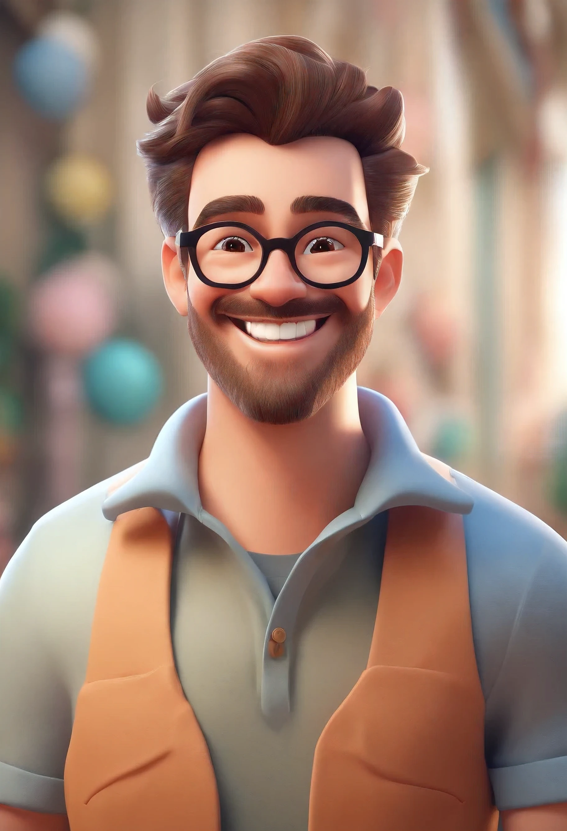 Illustration of a smiling man, A sickly smile, Brown-skinned man，The smile is bright, happily smiling at the camera, cheeky smile, greybeard, sagging hair, thick glasses, he's smiling, very huge smile, smiling male, avatar profile picture, Smile with a bright smile, Draw in 3D art style, C4D, with a pure white background, Disney  style, Pixar-style rendering illustrations in super detail, 8K