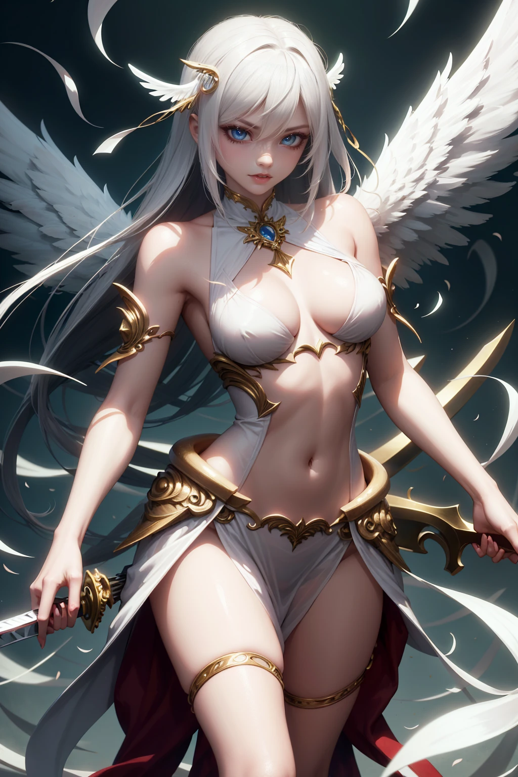 Angel woman swordsman, sexly, white wings, gold accents, pose movimento sexly