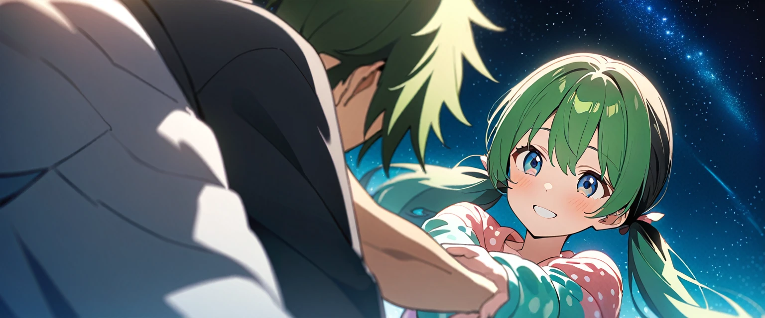 (((masterpiece,Highest quality))),(((A black-haired anime boy in loungewear reaching out in a daze,Anime girl with green hair, twin tails and idol costume stretching her hand with a smile))),((Under a star-filled sky)),A boy and a girl are facing each other and holding hands,(high quality),アニメ