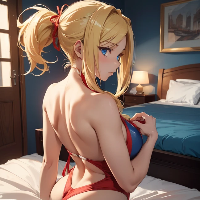 (Absurdres, master piece, best high quality image, very detailed features, very detailed textures, carefuly detailed with no deformed parts in all the artwork), back view, only solo character, back view, standing alone.
A 40 years old beautiful woman, she has fair skin, blue eyes, yellow blonde golden long hair tied in a high ponytail with a long crimson ribbon, voluptuous figure, big breasts, big butt, beautiful legs, beautiful arms (she wears: pale blue one-piece swimsuit, cleavage), serious calm expression, sitting on the bed.