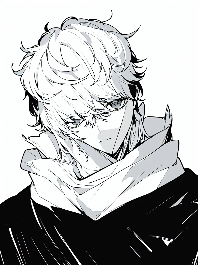medium lenght white fluffy messy hair, boy, black and white, staring at viewer, messy clothing