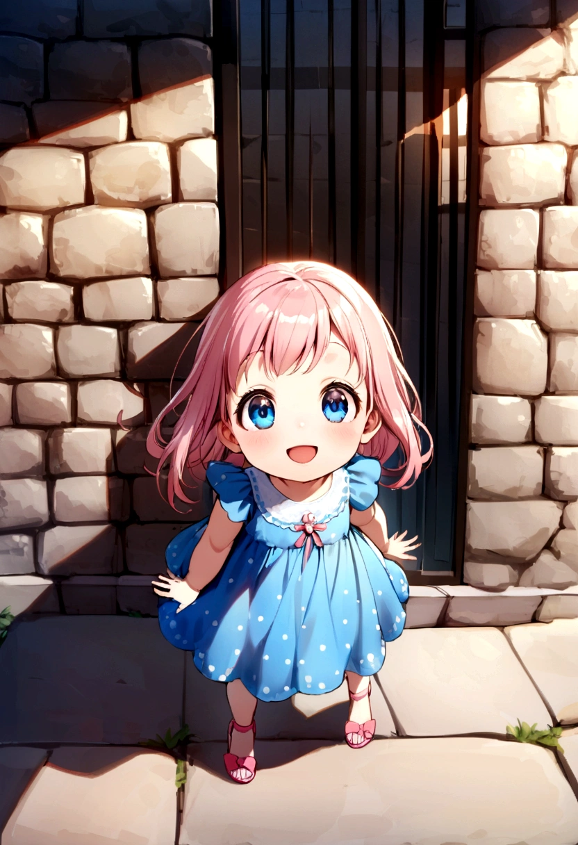 A cheerful baby girl stands on a sunlit sidewalk, her blue dress adorned with polka dots and pink sandals. Her smile is bright as she looks up at the camera. The background reveals a rustic stone wall and a metal gate, suggesting an outdoor setting in a warm climate.