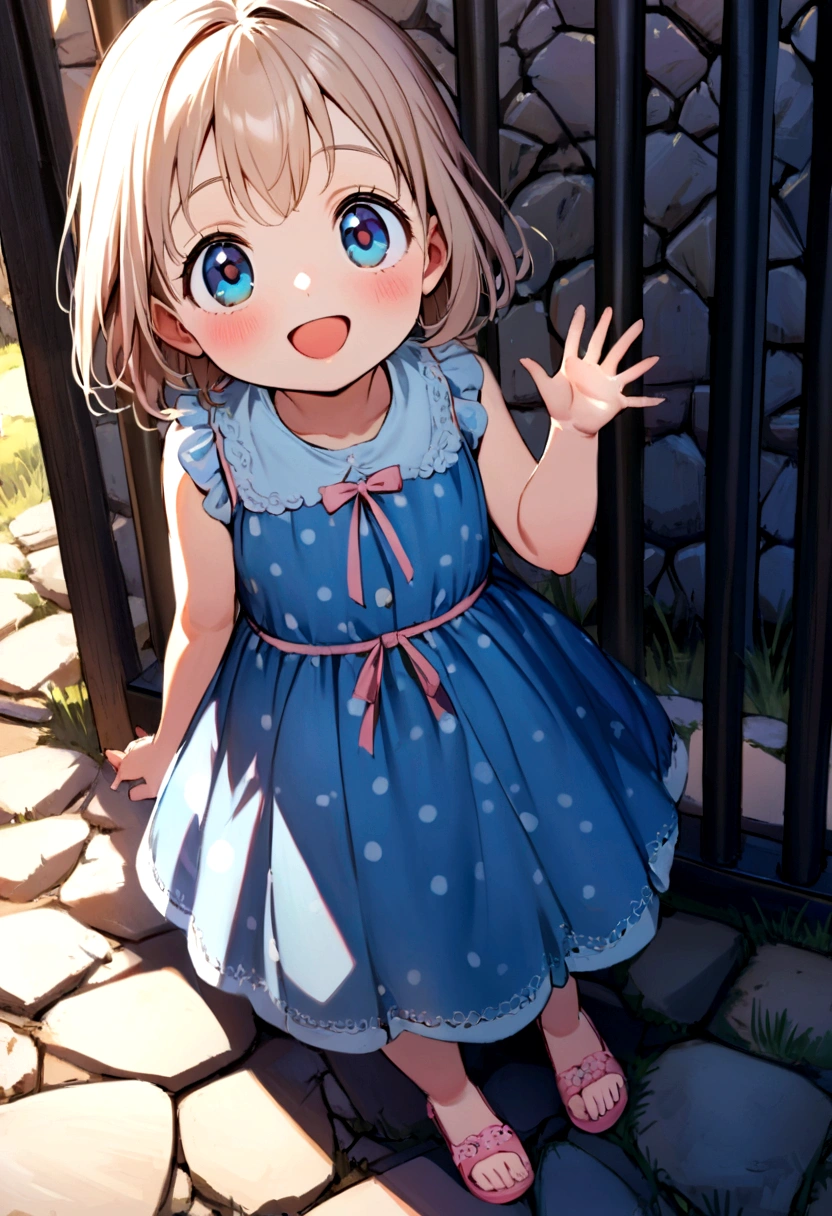 A cheerful baby girl stands on a sunlit sidewalk, her blue dress adorned with polka dots and pink sandals. Her smile is bright as she looks up at the camera. The background reveals a rustic stone wall and a metal gate, suggesting an outdoor setting in a warm climate.
