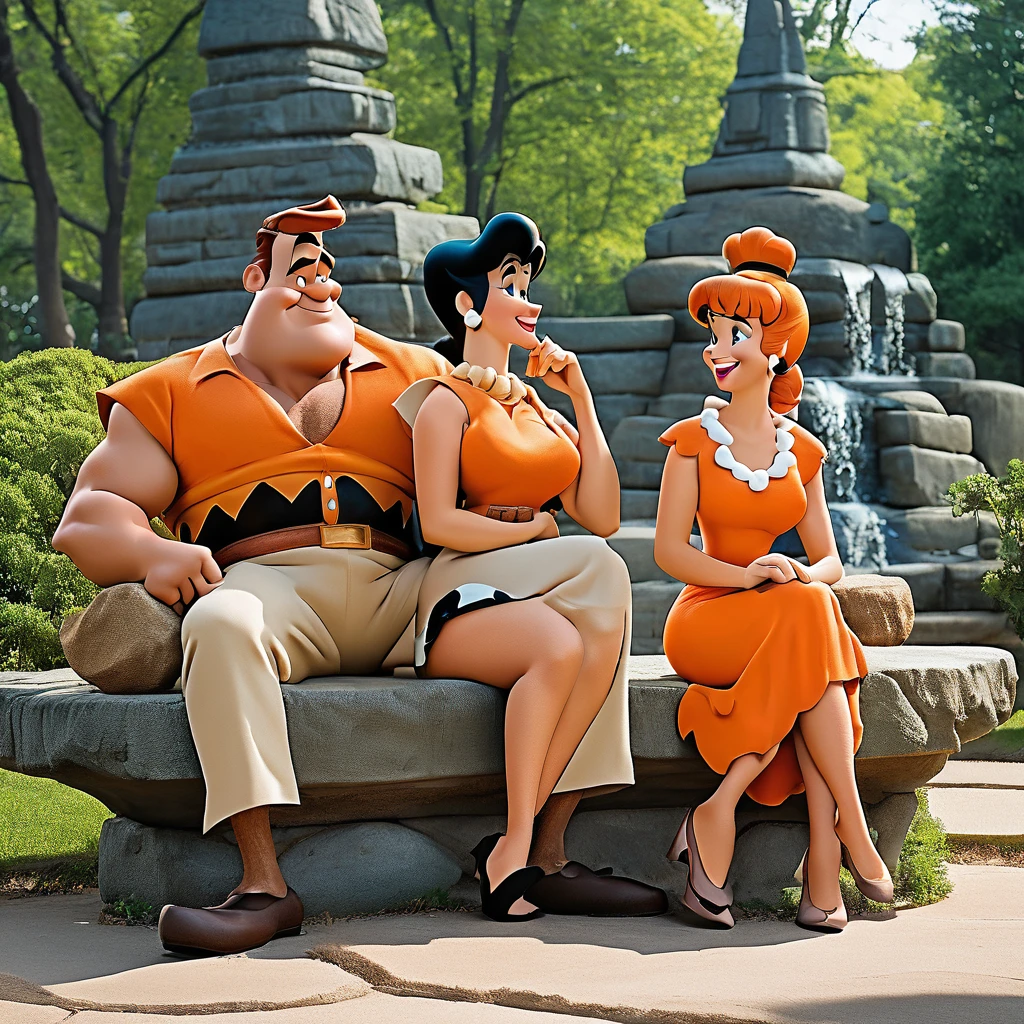 Fred and Wilma Flintstone sitting on a stone bench in the park