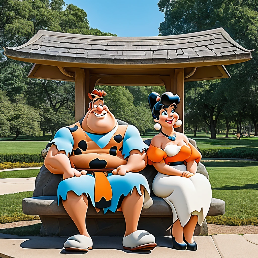 Fred and Wilma Flintstone sitting on a stone bench in the park