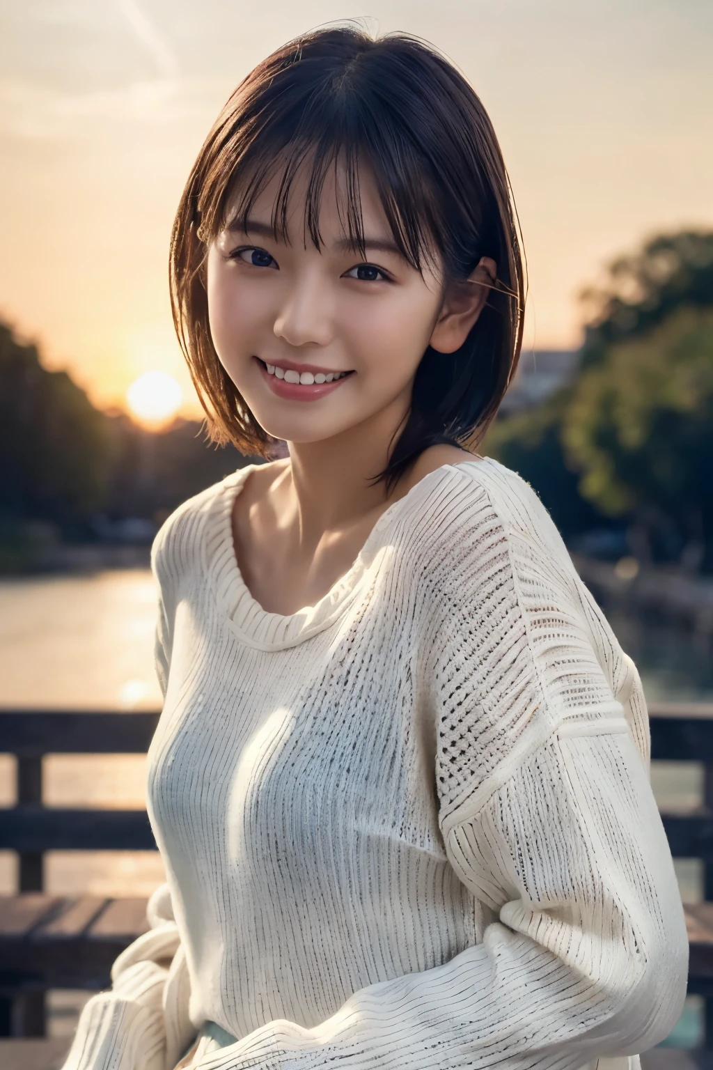 1 Girl, (Wearing a white summer sweater:1.2), Very beautiful Japanese idol portraits, 
(RAW Photos, Highest quality), (Realistic, Realistic:1.4), (masterpiece), 
Very delicate and beautiful, Very detailed, 2k wallpaper, wonderful, finely, Very detailed CG Unity 8K 壁紙, Very detailed, High resolution, Soft Light, 
Beautiful detailed girl, Very detailed目と顔, Beautiful and sophisticated nose, finelyて美しい目, Cinema Lighting, 
(Fashion magazine photography:1.3), (Outdoor), (Sunset sky),
(short hair), 
Complete Anatomy, Slender body, Small breasts, smile