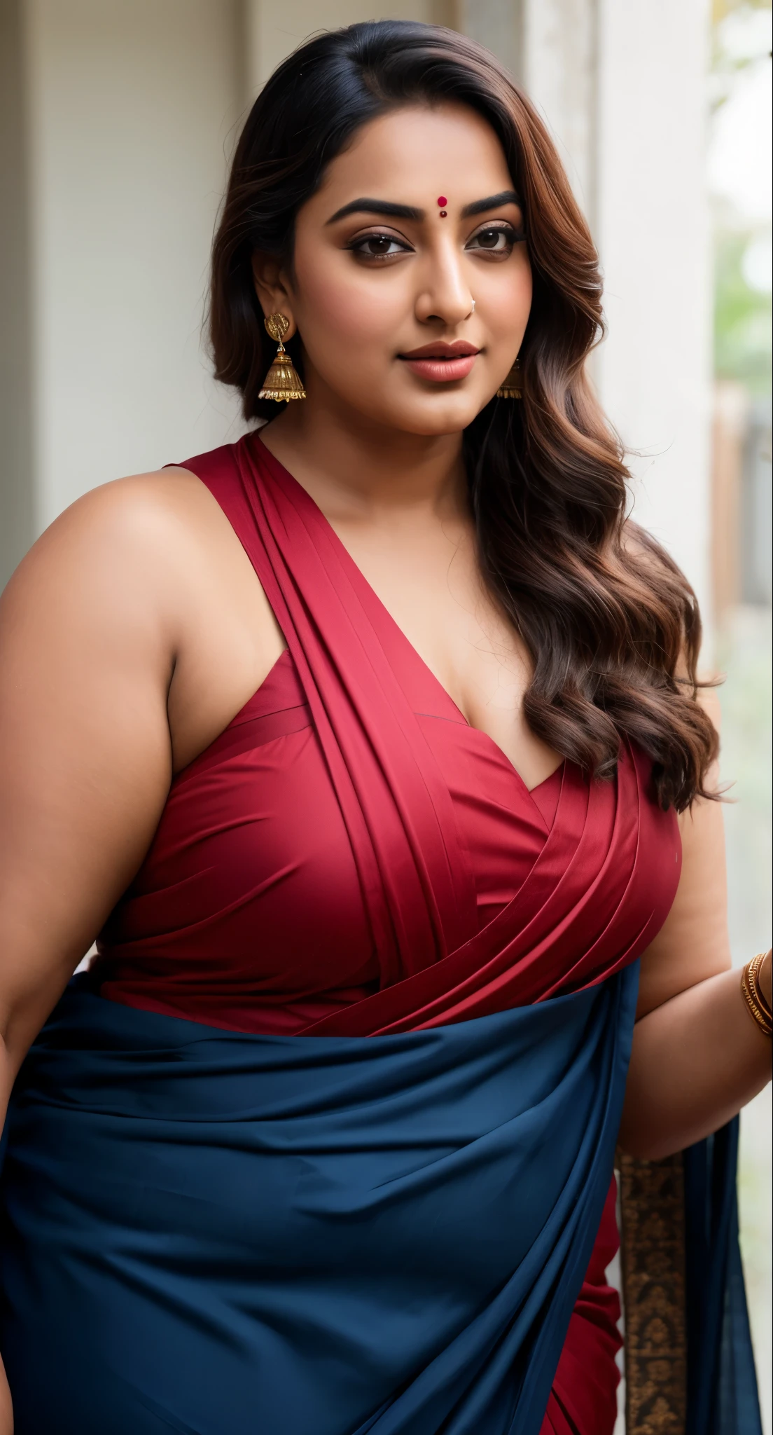 Foto RAW, photorealistic, photography, full body shot, master shot, perfect eyes, goddess like beauty, pierced eyes, perfect thick chubby mallu Desi aunty bhabhi, Full figured woman, juicy thick figure, bulky figure, curvy, fleshy curvy figure, voluptuous body, wide body, full figured aunty, y navel folds, fleshy figure, heavy figure, Wearing a Stanapatta, a chest-band.Saree model, model Photography, Indian saree shoot, Indian traditional wear advertising photography, traditional wear brand shoot, face of Indian actress Sonakshi Sinha, masterpiece, realistic, realism, incredible details,  pleasure, photorealism, detailed skin, skin pores, high contrast, photorealistic Artstation 8k HD digital art trend of high definition and detailed realistic skin texture, ultra detail, realistic skin texture, armature, best quality, ultra high definition, (photorealistic:1.4),, high resolution, detail, raw photo, sweat, Re sharp, by Lee Jefferies Nikon D850 Film Stock Photo 4 Kodak Portra 400 Camera F1.6 Lens Rich Color Ultra Real Realistic Realistic Textures Dramatic Lighting Unreal Engine Trending at Art Station Cinestill 800,(pele altamente detalhada: 1.2), 8k UHD, DSLR, soft-lighting, alta qualidade, grain of film, Fujifilm XT3,she didn't like to wear blouse or bra, She doesn't like to wear bra or blouse as it is against her traditional customs, wearing a Bra or blouse is against her forbidden in her tribes ritual, traditional no blouse saree,  detailed hairy armpits, hyper realistic skin, skin pores, sweat, veins, juicy deep navel, 