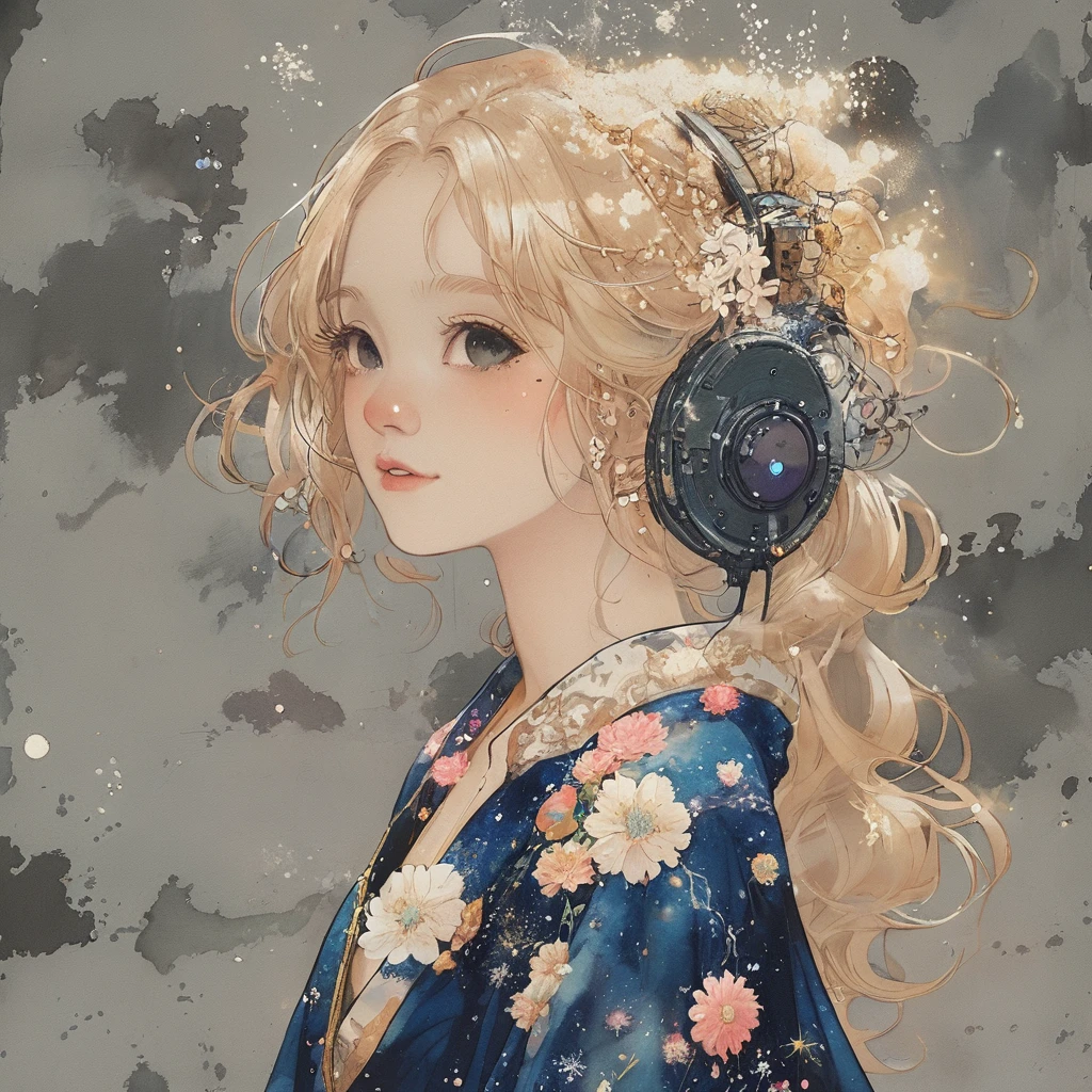 (best quality, masterpiece), 1girl, galaxy, glitter, dress, particle, wind, flower, upper body, dark simple background, looking at viewer, blonde,