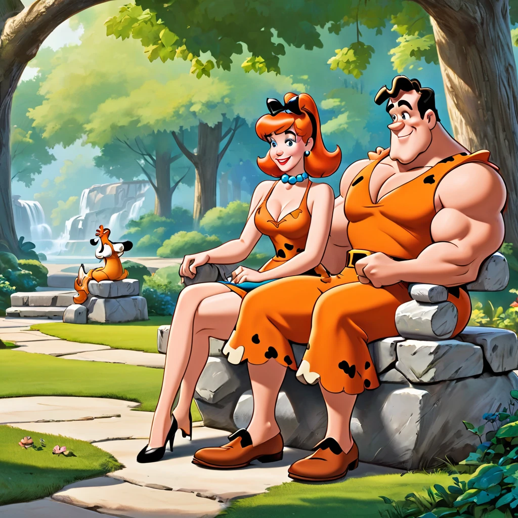 Fred and Wilma Flintstone sitting on a stone bench in the park