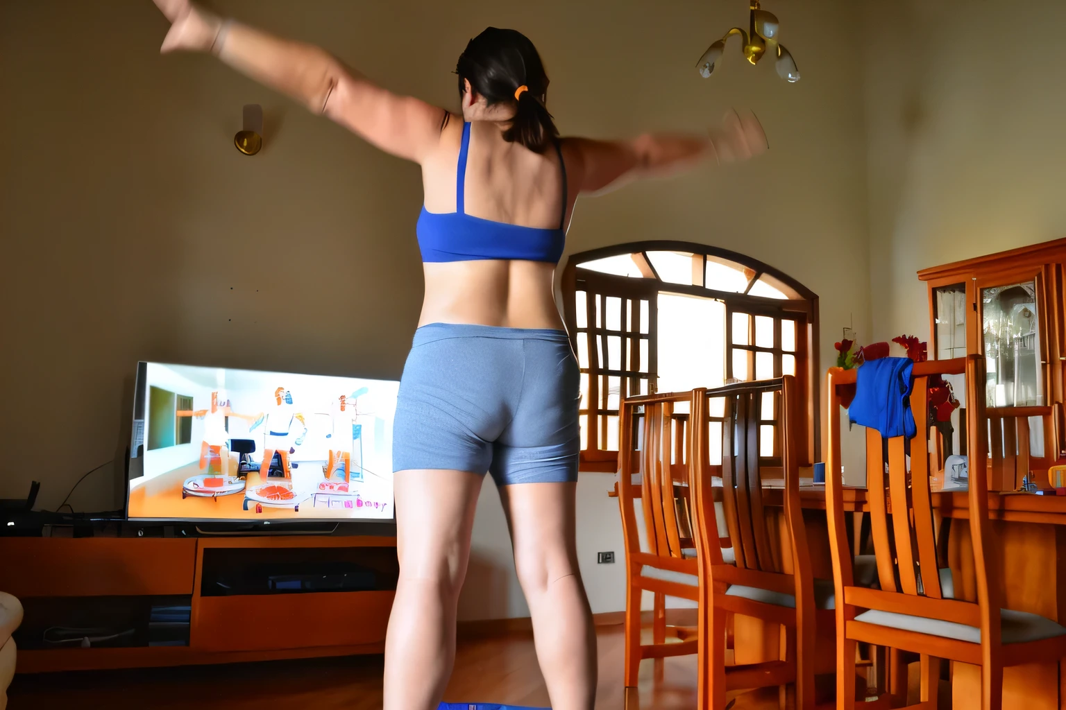 there is a woman in a blue top and gray shorts playing wii, back pose, view from the back, back - shot, cottagecore!! fitness body, with arms up, shot from the back, back shot, from the back, working out, rear-shot, toned derriere, long shot from the back, long shot from back