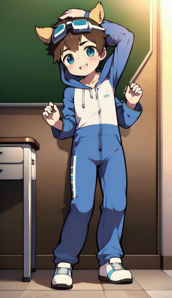 Two-dimensional boy,One-piece mountaineering suit,trumpet,Cow ears,Put the headphones on your head,stand up,goggles,sports shoes,Slim,Happy,Sailor collar,classroom,hood