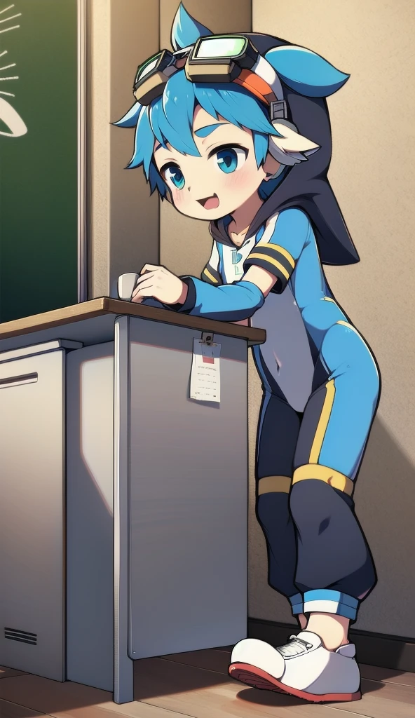 Two-dimensional boy,One-piece mountaineering suit,trumpet,Cow ears,Put the headphones on your head,stand up,goggles,sports shoes,Slim,Happy,Sailor collar,classroom,hood