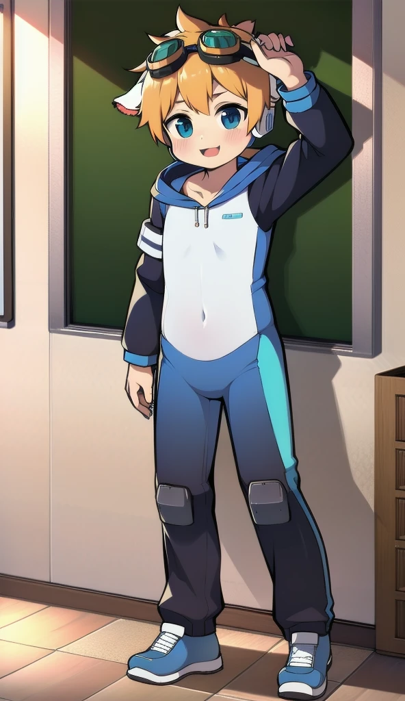 Two-dimensional boy，One-piece mountaineering suit，trumpet，Cow ears，Put the headphones on your head，stand up，goggles，sports shoes，Slim，Happy，Sailor collar，classroom，hood
