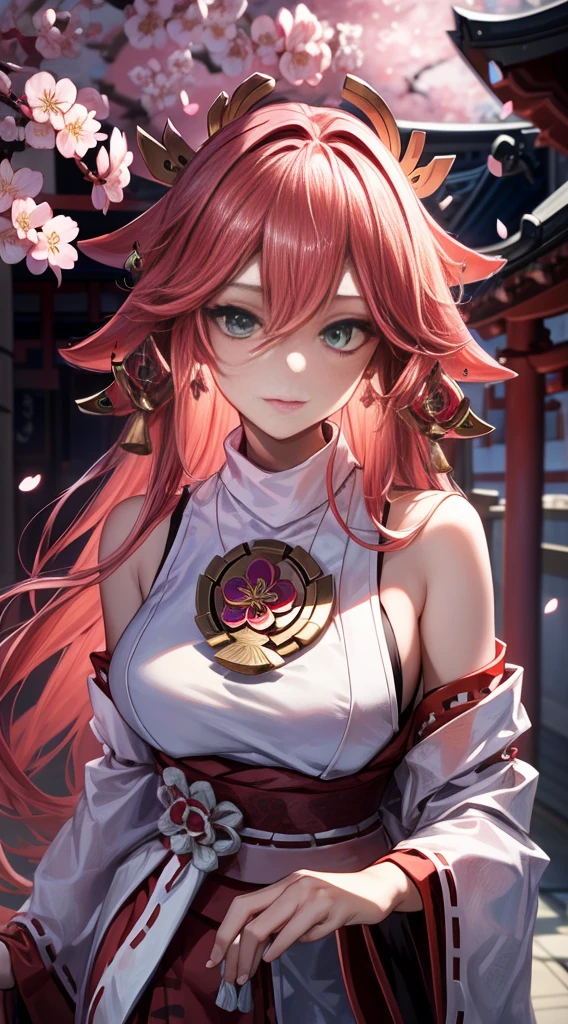 (Masterpiece, Excellent, 1girl, solo, complex details, color difference), realism, ((medium breath)), off-the-shoulders, big breasts, sexy, Yae Miko, long pink hair, red headdress, red highlight, hair above one eye, green eyes, earrings, sharp eyes, perfectly symmetrical figure, choker, neon shirt, open jacket, turtleneck sweater, against the wall, brick wall, graffiti, dim lighting, alley, looking at the audience, ((mean, seductive, charming)), ((cherry blossom background ))),((Japanese temple background)))), (((Glow-in-the-dark background)))