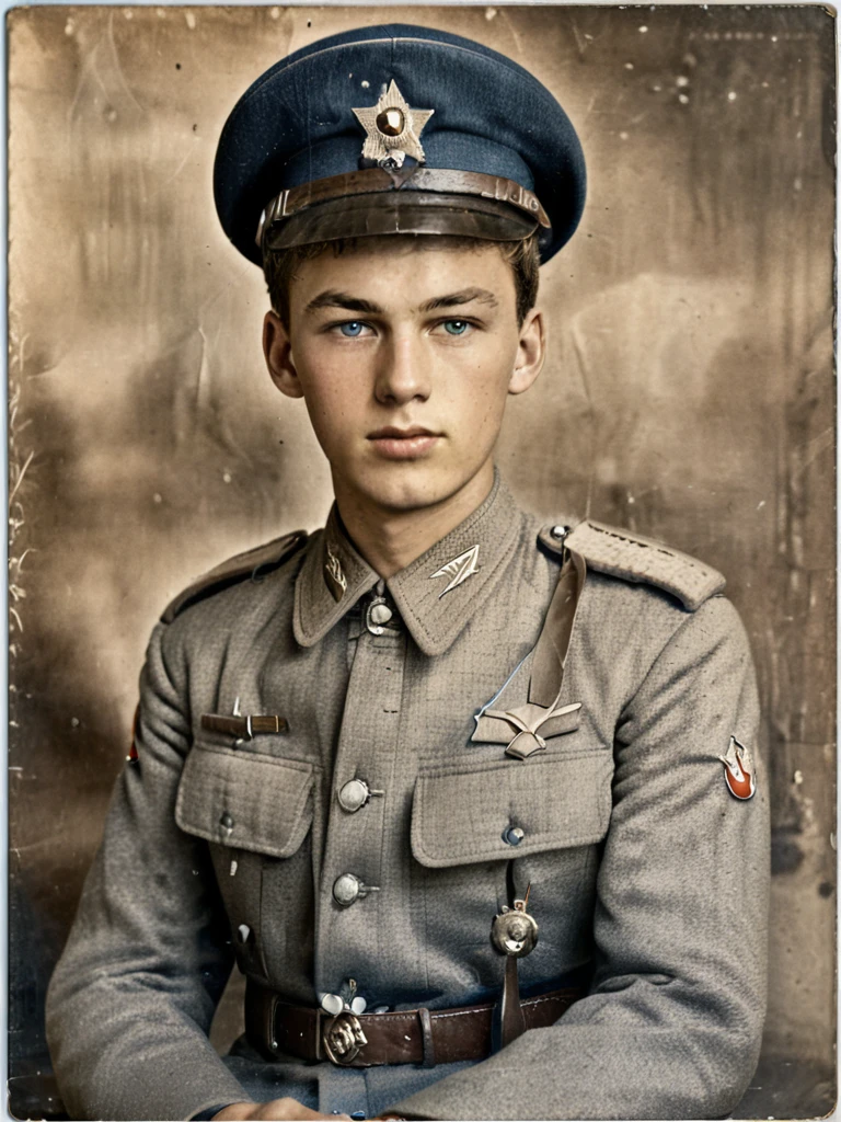 Year 1939, young man -18 years olwearing the uniform of an NKVD officer, Eastern European Slav, USSR, rank of lieutenant, Brown hair, blue eyes, handsome face, high detail, very detailed, very detailed, international sharpness, really 8k very detailed,