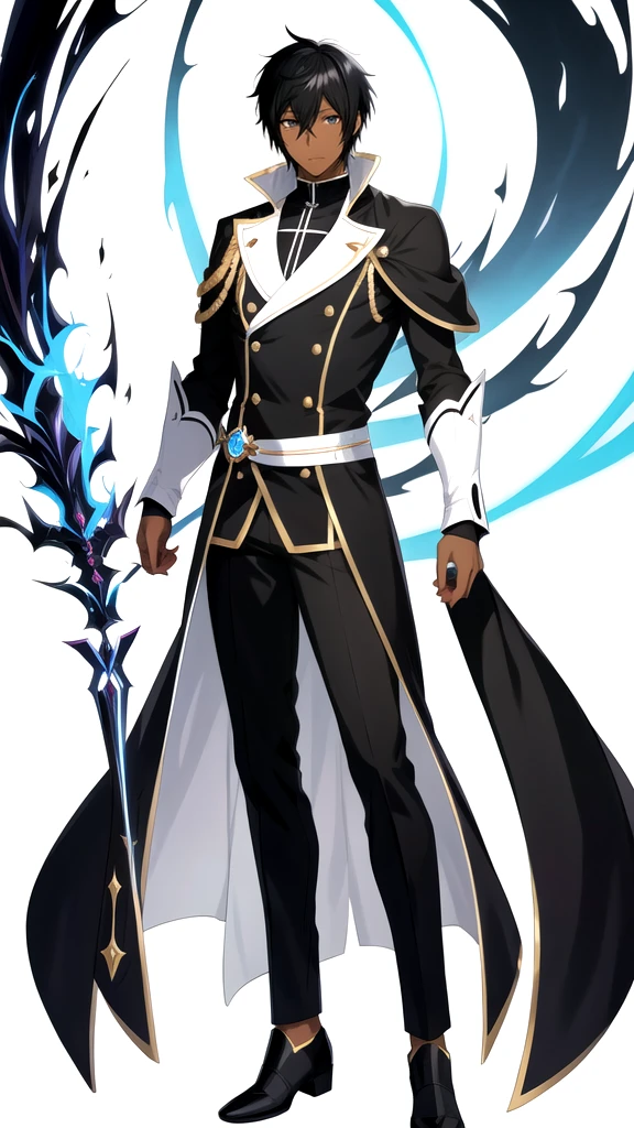 Anime style,Full body,male,dark skin,short black hair with some white hair,wizard,Minimalist white background