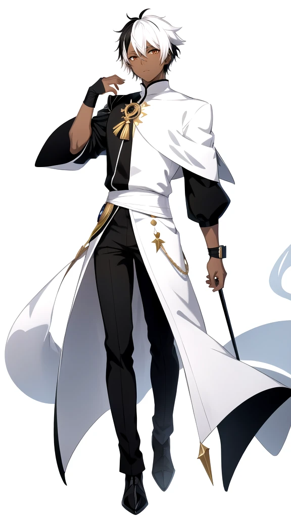 Anime style,Full body,male,dark skin,short black hair with some white hair,wizard,Minimalist white background