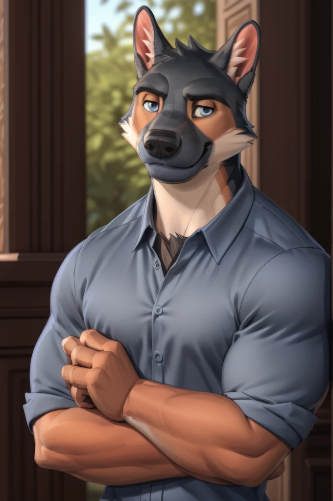 barlitz, blue eyes, black fur, muscular male, (pose:1.3), (soft shading), 4k, hi res, ((detailed face, detailed)), by zackarry911, by zaush, (by personalami:0.5), portrait, upper body, face focus, smile, looking at viewer, shirt,