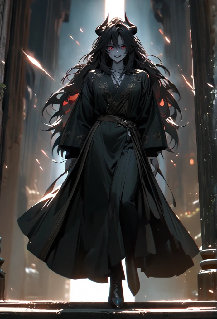 (solo), masculine, black hair, messy hair, mane hair, long hair, dense hair, wild hair, expressive hair, mature,(25 year old), pale skin, red eyes, ((man)), wearing a black robe, black demon horns,, Smiling and showing his fangs, handsome, attractive, eye reflection, depth of field, thunder aura,cinematic lighting, ray tracing, depth of field, cinematic lighting, ray tracing, UHD, high details, best quality, highres, high quality, award winning, super detail, masterpiece, 8k, UHD, high details, best quality, highres, high quality, award winning, super detail, masterpiece, 8k, digital art, anime coloring, full body, body shot, good face, perfect face, detailed face, good eyes, sitting on a throne