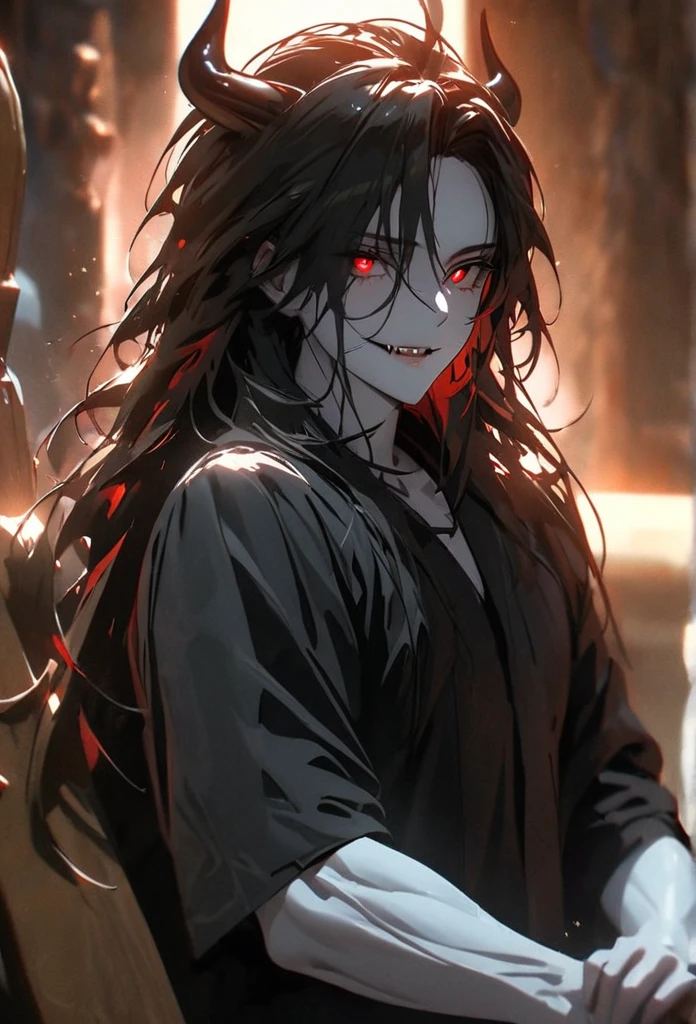 (solo), masculine, black hair, messy hair, mane hair, long hair, dense hair, wild hair, expressive hair, mature,(25 year old), pale skin, red eyes, ((man)), wearing a black robe, black demon horns,, Smiling and showing his fangs, handsome, attractive, eye reflection, depth of field, thunder aura,cinematic lighting, ray tracing, depth of field, cinematic lighting, ray tracing, UHD, high details, best quality, highres, high quality, award winning, super detail, masterpiece, 8k, UHD, high details, best quality, highres, high quality, award winning, super detail, masterpiece, 8k, digital art, anime coloring, full body, body shot, good face, perfect face, detailed face, good eyes, sitting on a throne