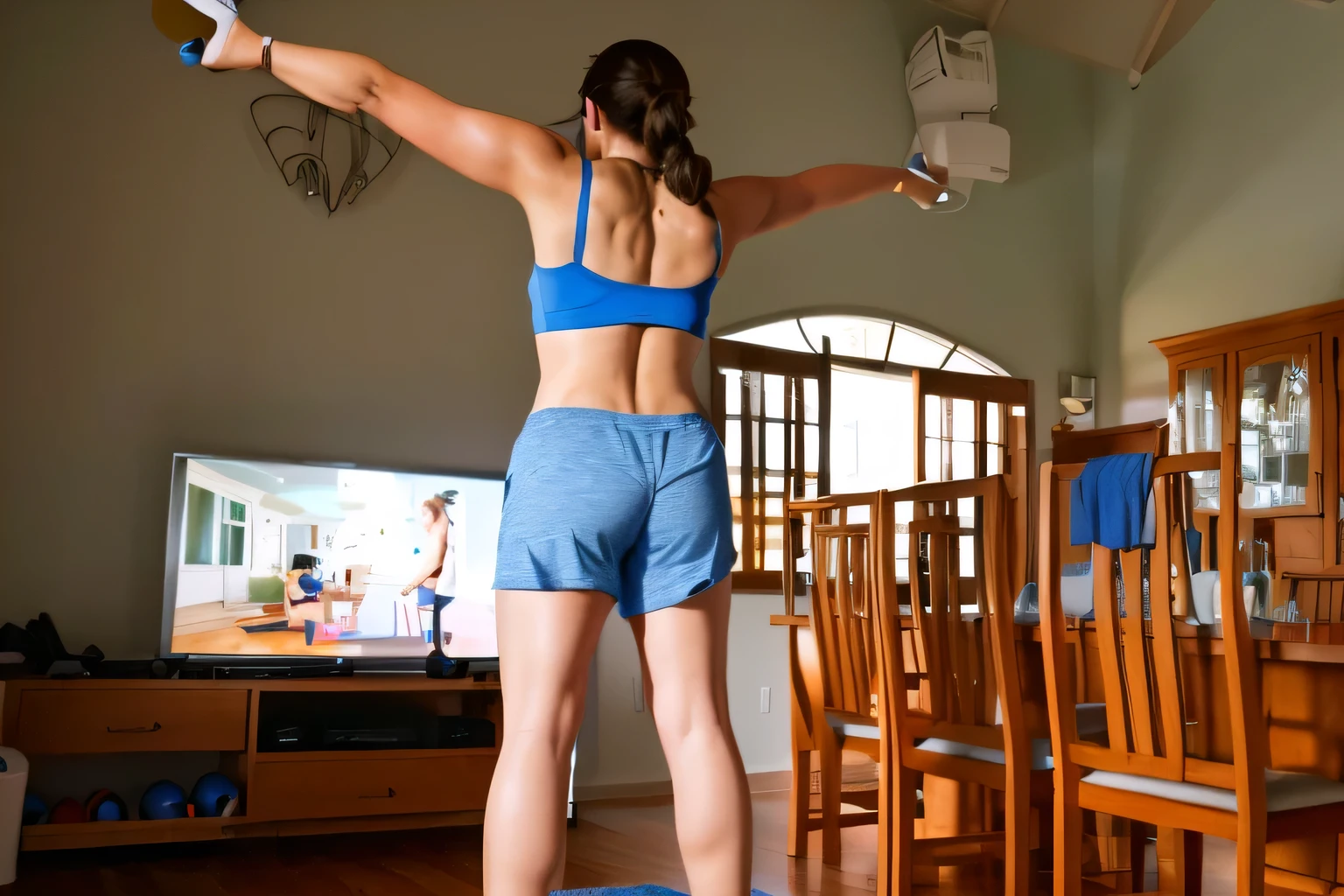 there is a woman in a blue top and gray shorts playing wii, back pose, view from the back, back - shot, cottagecore!! fitness body, with arms up, shot from the back, back shot, from the back, working out, rear-shot, toned derriere, long shot from the back, long shot from back
