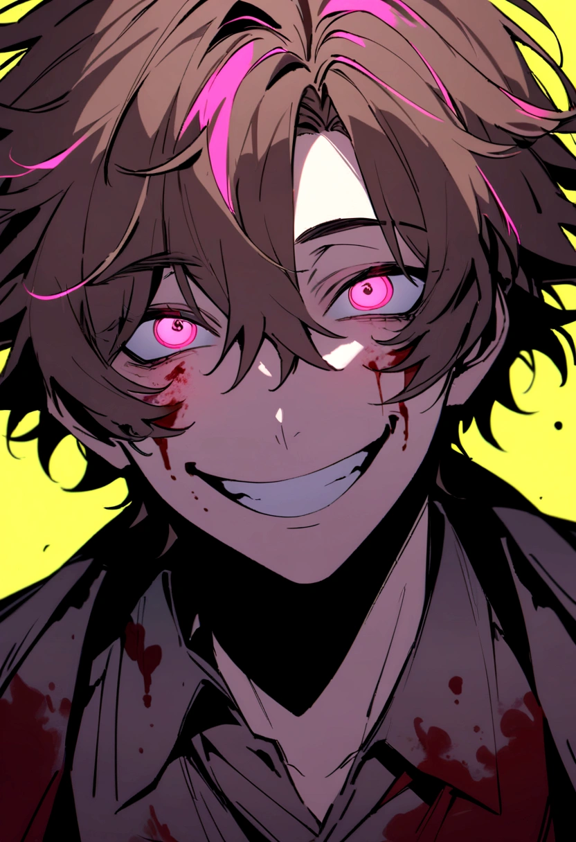 A handsome young man, messy ash-brown hair,and beautiful eyes that gave the aura of madness,he had a crazy wide smile,has blood stains on clothes and face, front-facing,front view,wears blood stained clothes, eyes glows pink in the dark,neon colors,masterpiece.