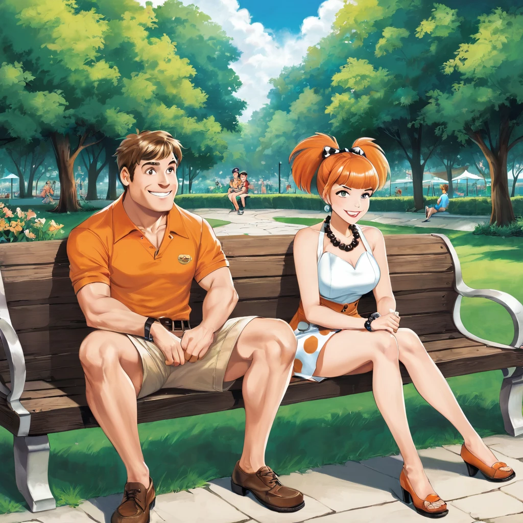 Fred and Wilma Flintstone sitting on a stone bench in the park