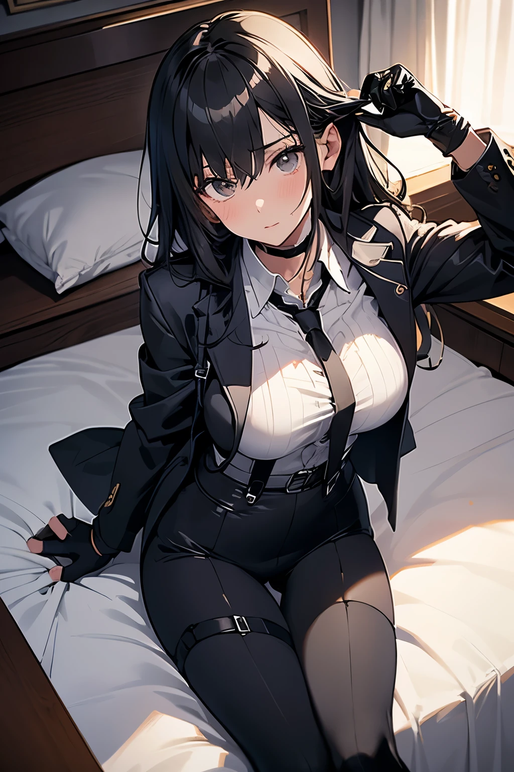 Black suspenders　　　bulging big breasts　　 　 　　　　Small face　 　　　holster　　　Beautiful woman　　　　 Lying in bed　Looking up　　　　Sweat 　　　belt　summer　脇Sweat 　Black Hole Gloves　suit　Dress shirt　　Black jacket　Mask black pants　Gun possession