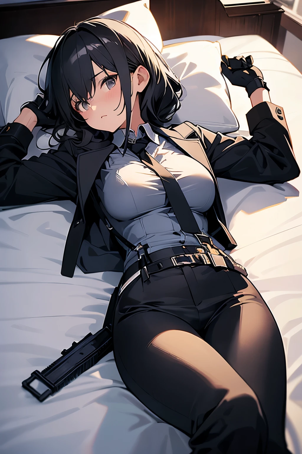 Black suspenders bulging big breasts Small face holster Beautiful woman Lying in bed Looking up Sweat belt summer 脇Sweat Black Hole Gloves suit Dress shirt Black jacket Mask black pants Gun possession